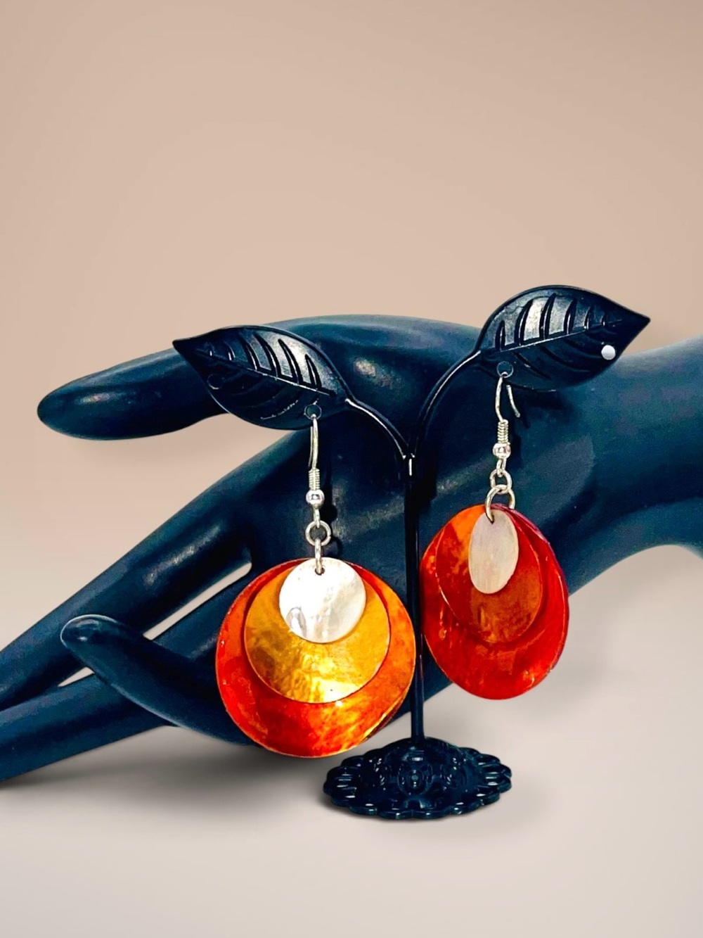 Vintage Mother of Pearl Tiered Shell Drop Pierced Earrings Orange Amber Boho